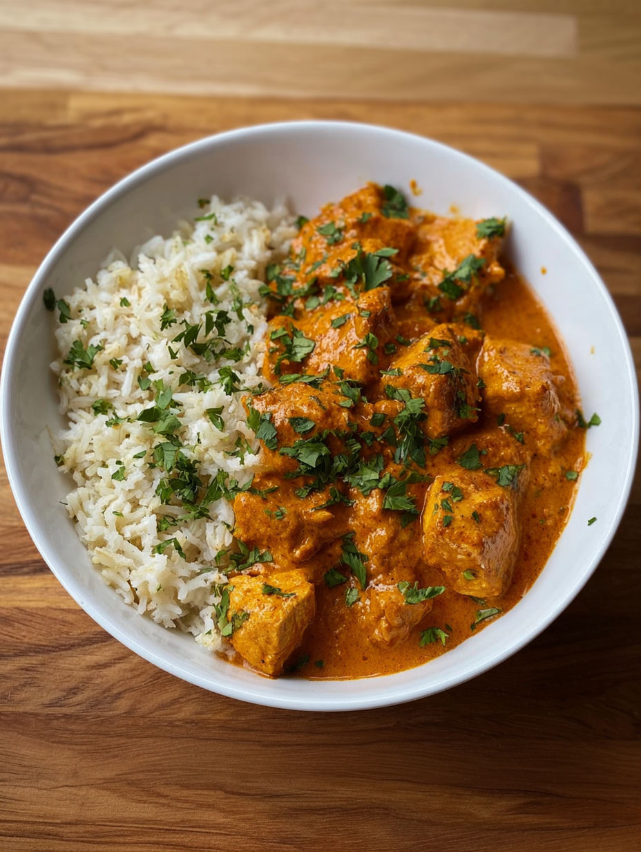 A bowl of rice and butter chicken.