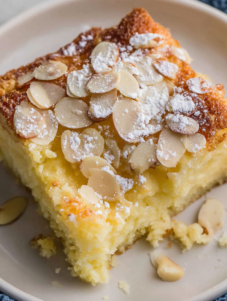 A slice of cake with almonds on top.
