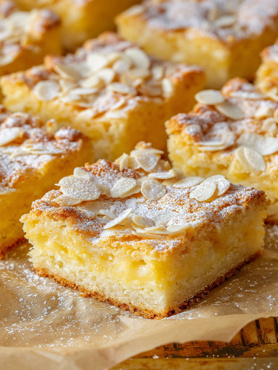 A close up of a piece of cake with almonds on top.
