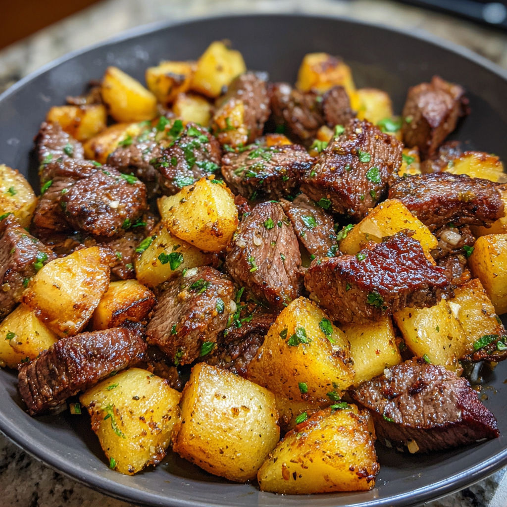 A bowl of steak bites with potatoes.
