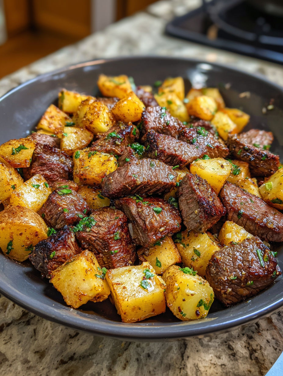 A bowl of steak bites and potatoes.