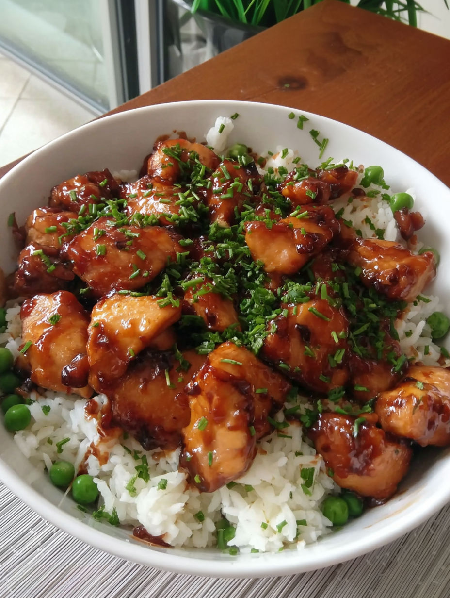 A bowl of honey glazed chicken with rice and peas.