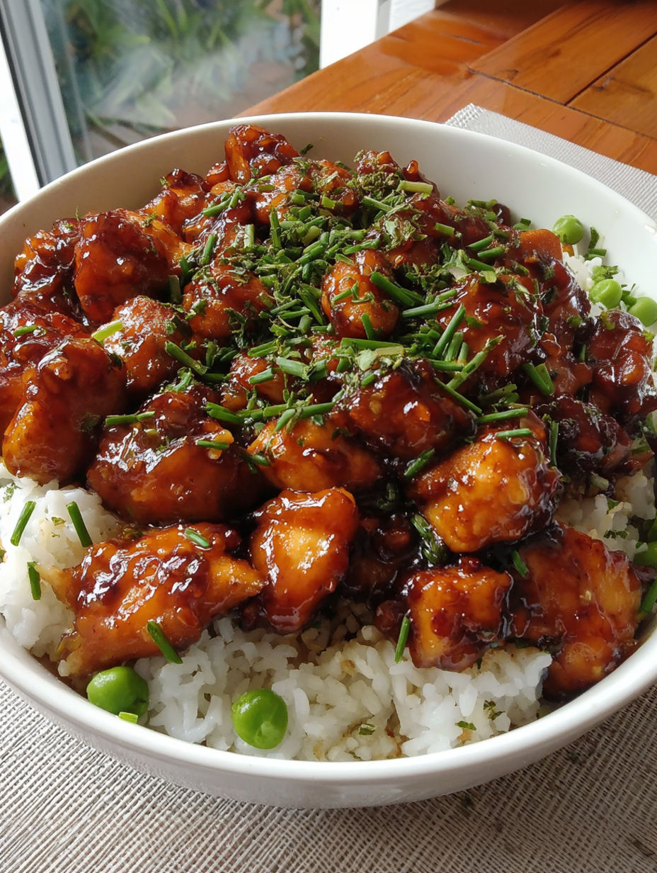 A bowl of honey glazed chicken.
