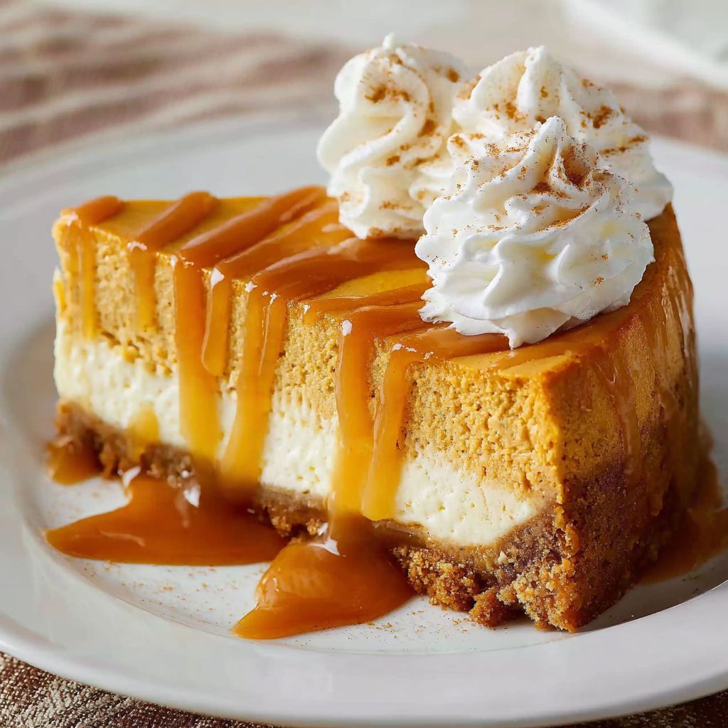 A slice of pumpkin cheesecake with whipped cream on top.