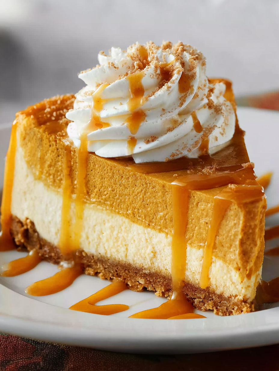 A slice of pumpkin cheesecake with caramel drizzle.