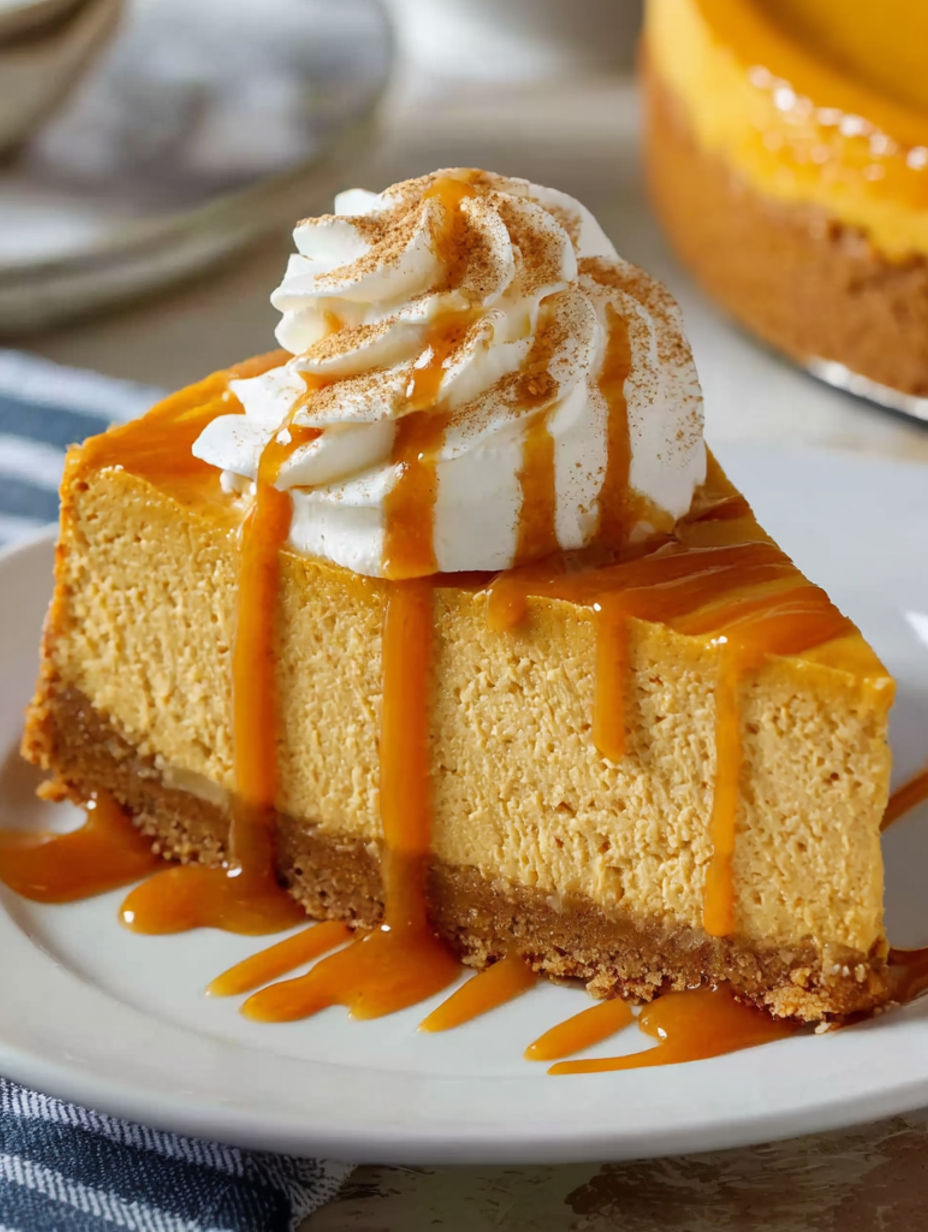 A slice of pumpkin cheesecake with caramel drizzle.