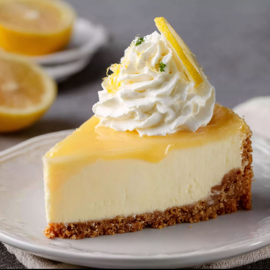 A slice of lemon cheesecake with whipped cream on top.