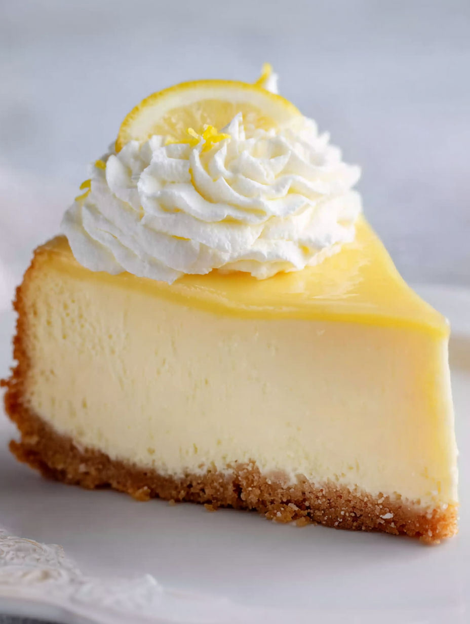 A slice of lemon cheesecake with whipped cream on top.