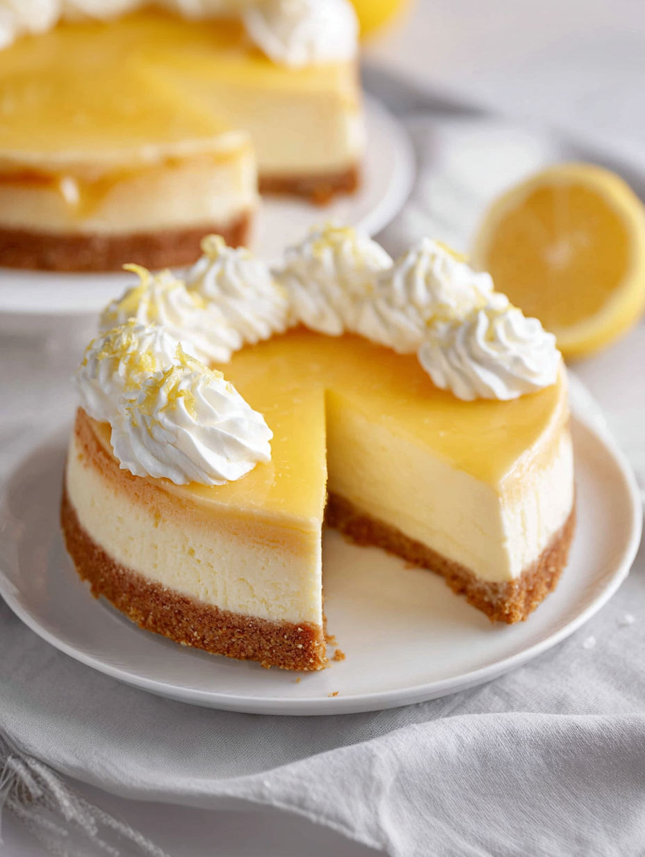 A slice of lemon cheesecake on a plate.