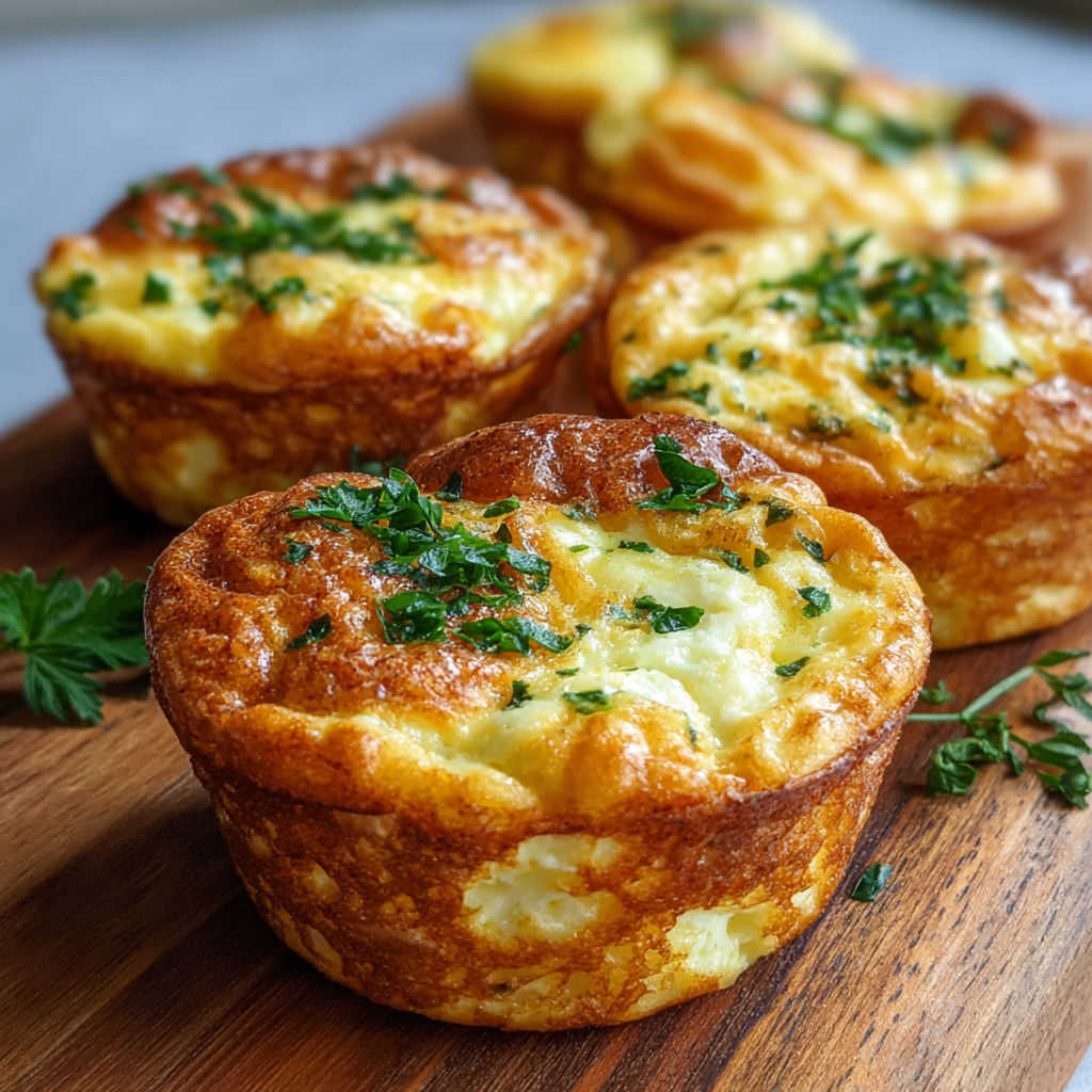 Four easy egg muffins on a wooden cutting board.