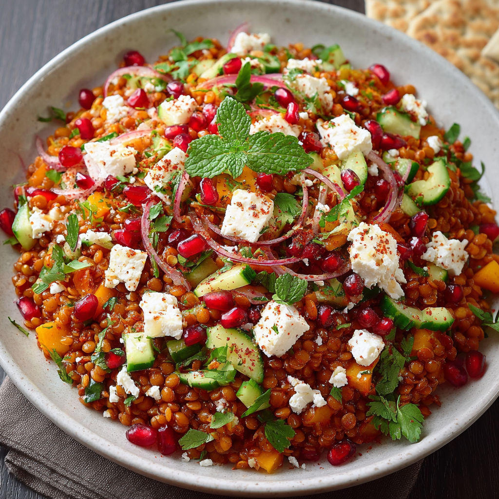 A bowl of food with feta cheese and red peppers.
