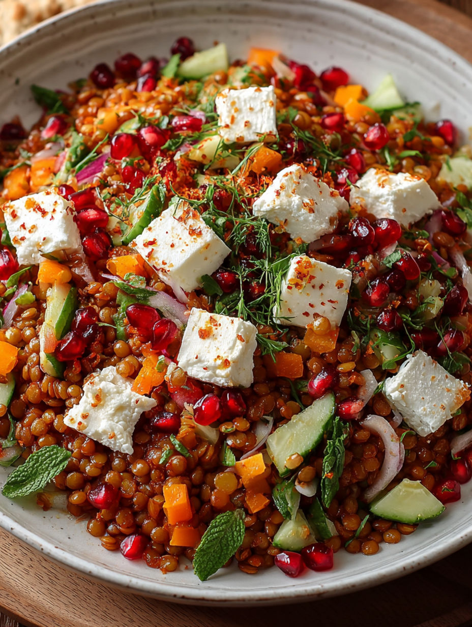 A bowl of food with feta cheese and vegetables.