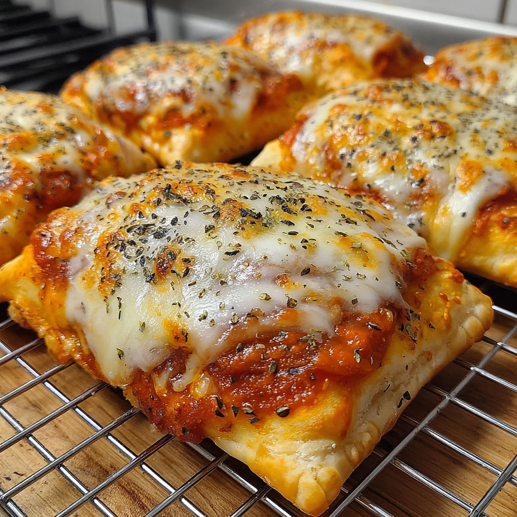 A tray of cheesy pizza taschen.