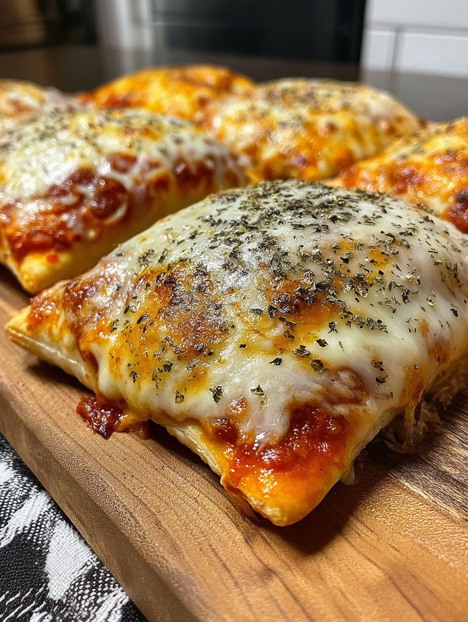 A cheesy pizza taschen is on a wooden board.