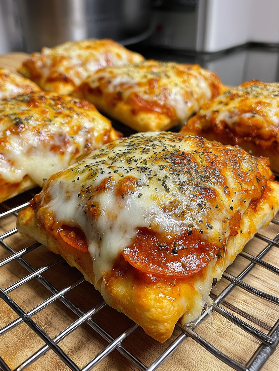 A tray of cheesy pizza taschen.
