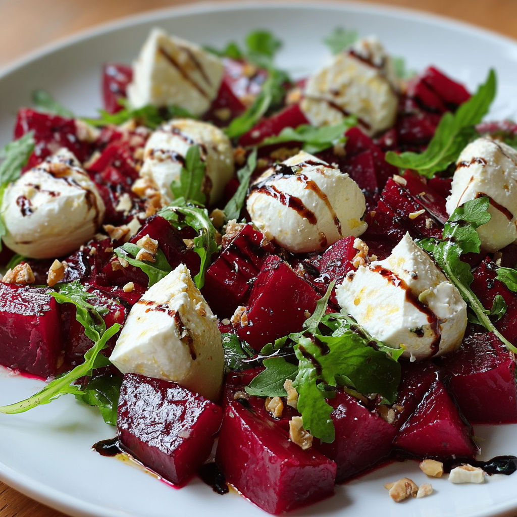 A plate of food with a salad of red beets and cheese.