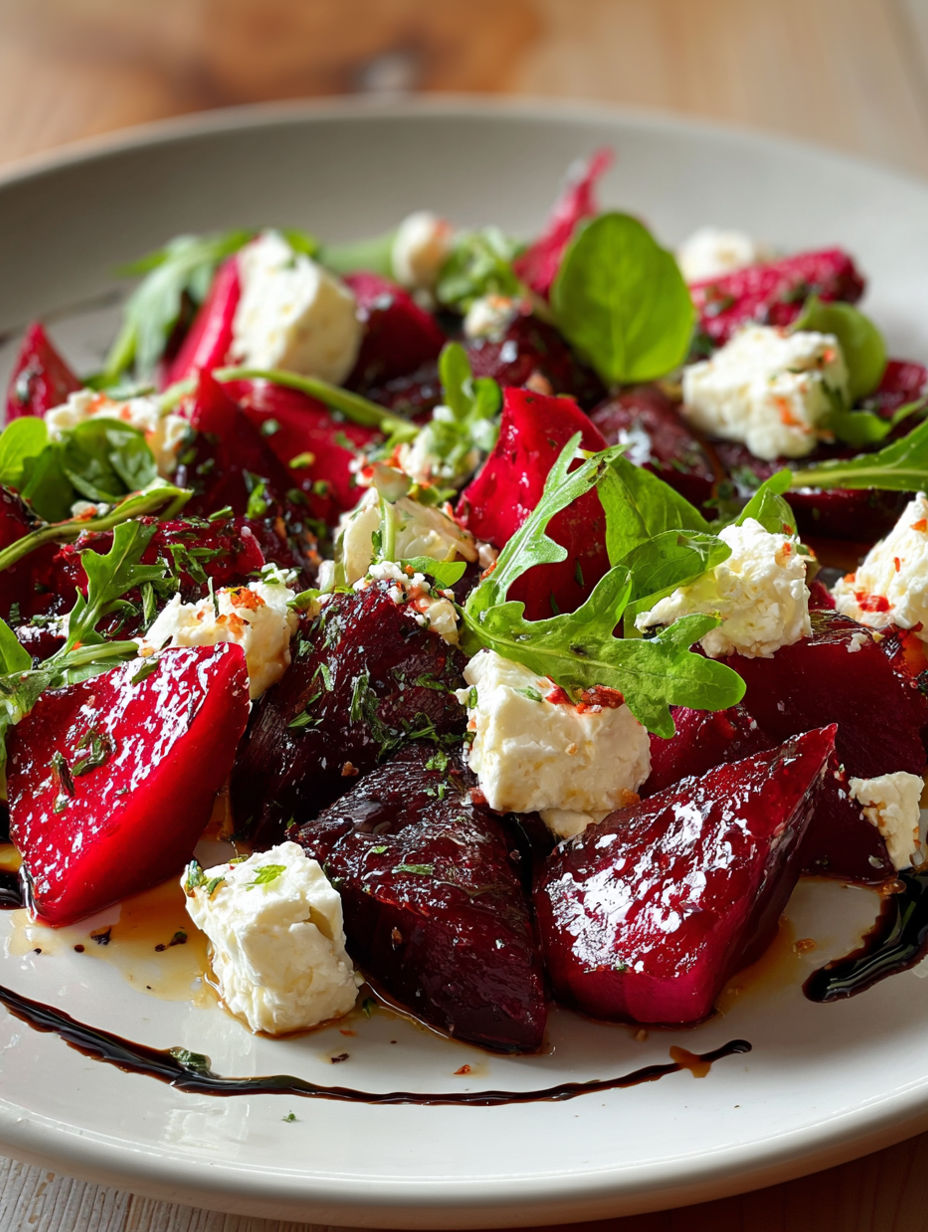 A plate of food with red beets and feta cheese.