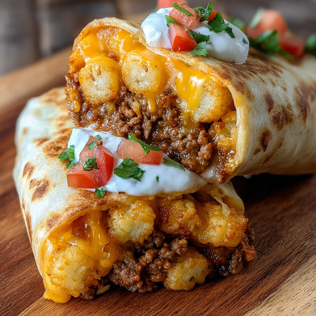 Two burritos with cheese and tomatoes.