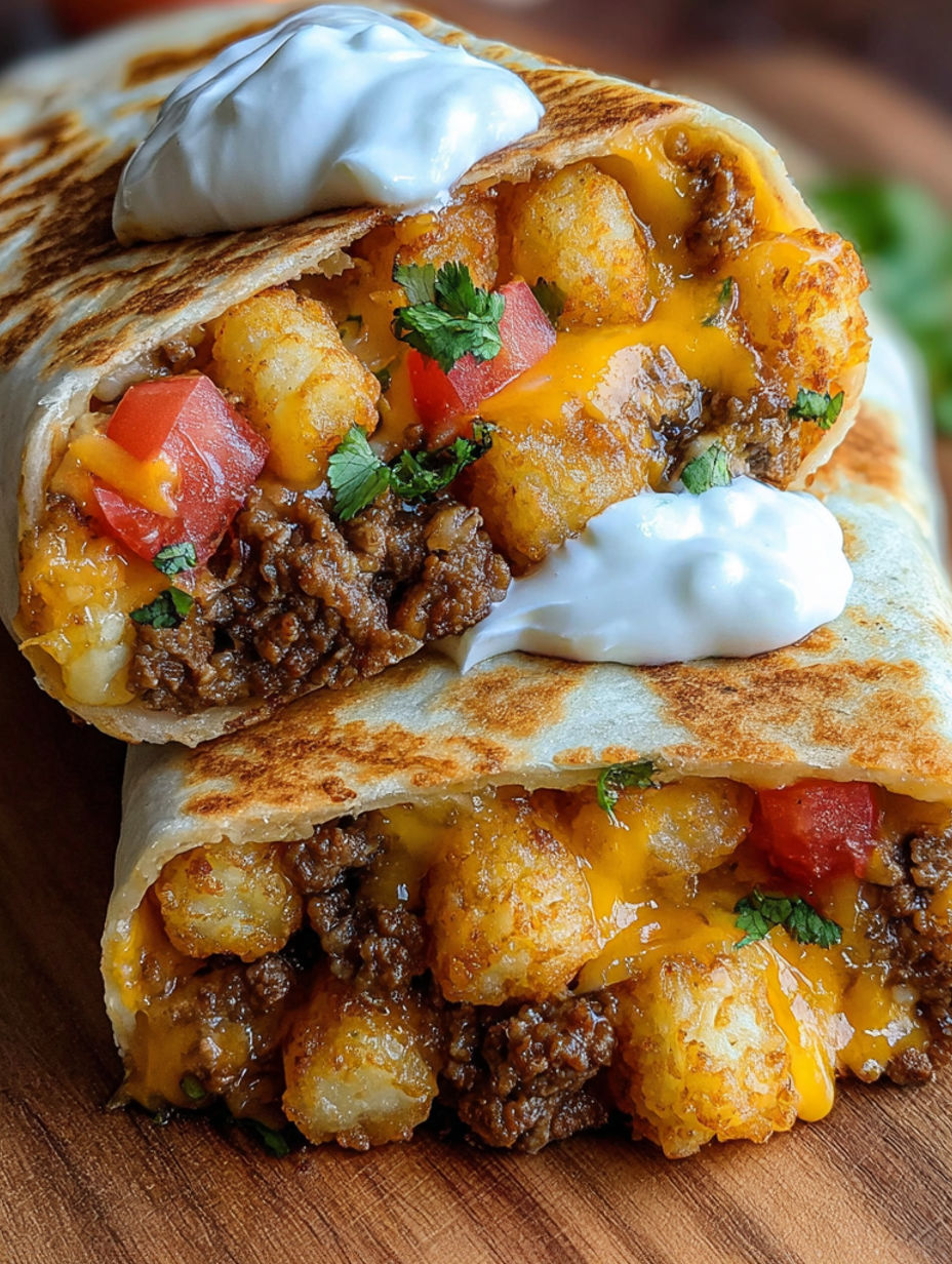 Two käsige kartoffel-burritos with white cheese and tomatoes.