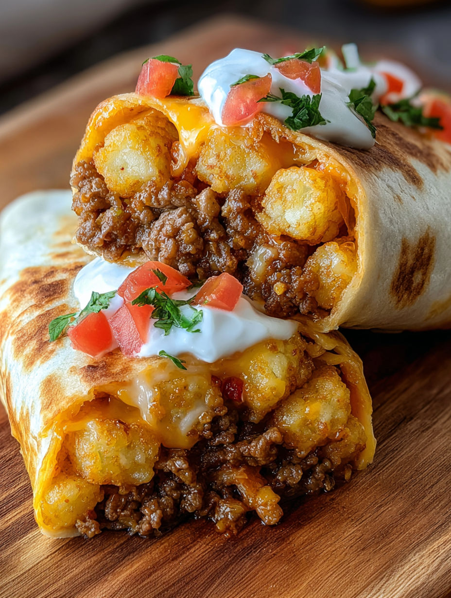 Two käsige kartoffel-burritos with white cheese and tomatoes.