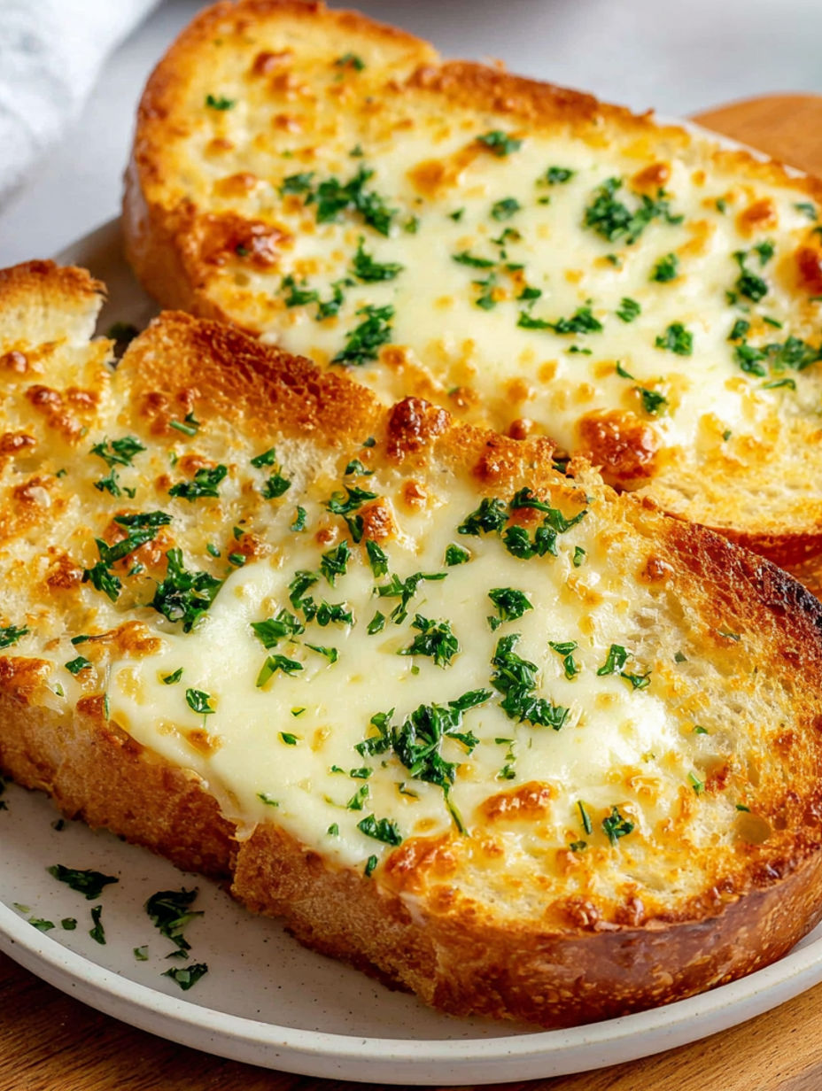 Two pieces of garlic bread with cheese and herbs.