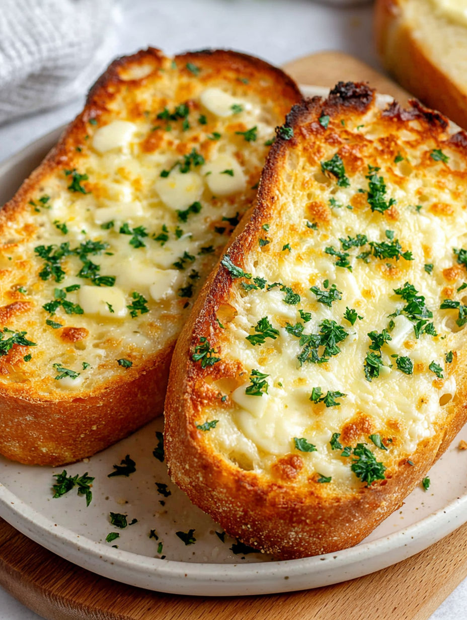 Two pieces of garlic bread on a plate.