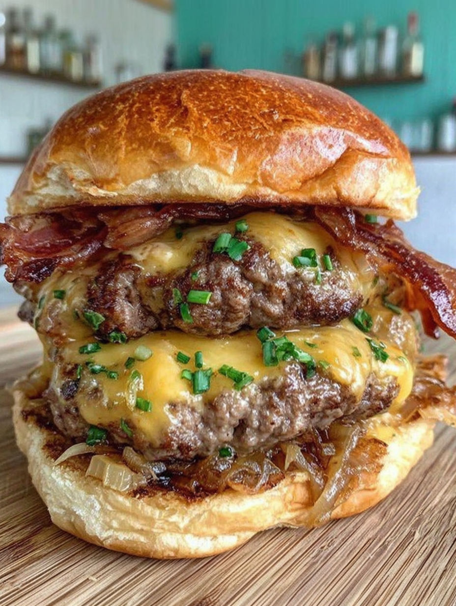 A close up of a burger with bacon and cheese.