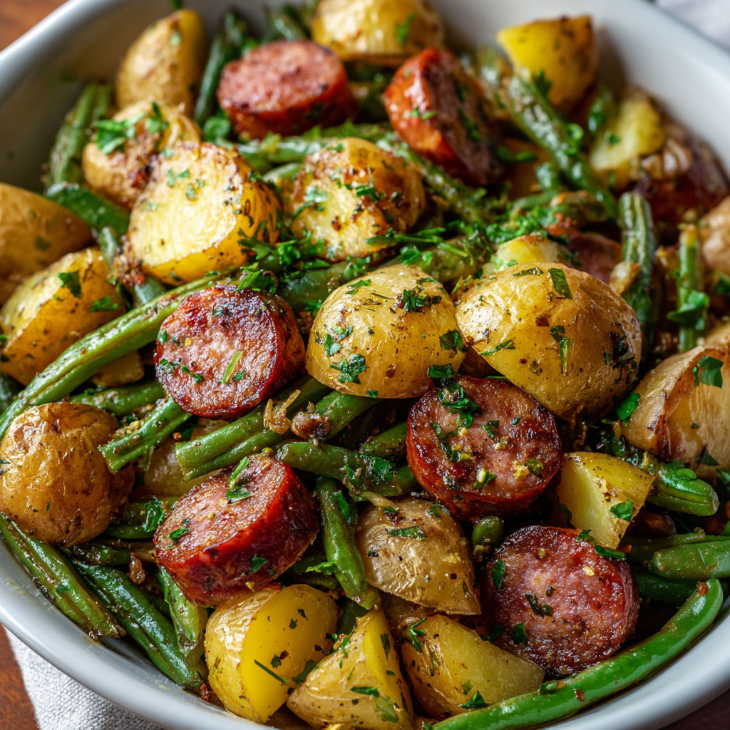 A bowl of sausage, potatoes, and green beans.