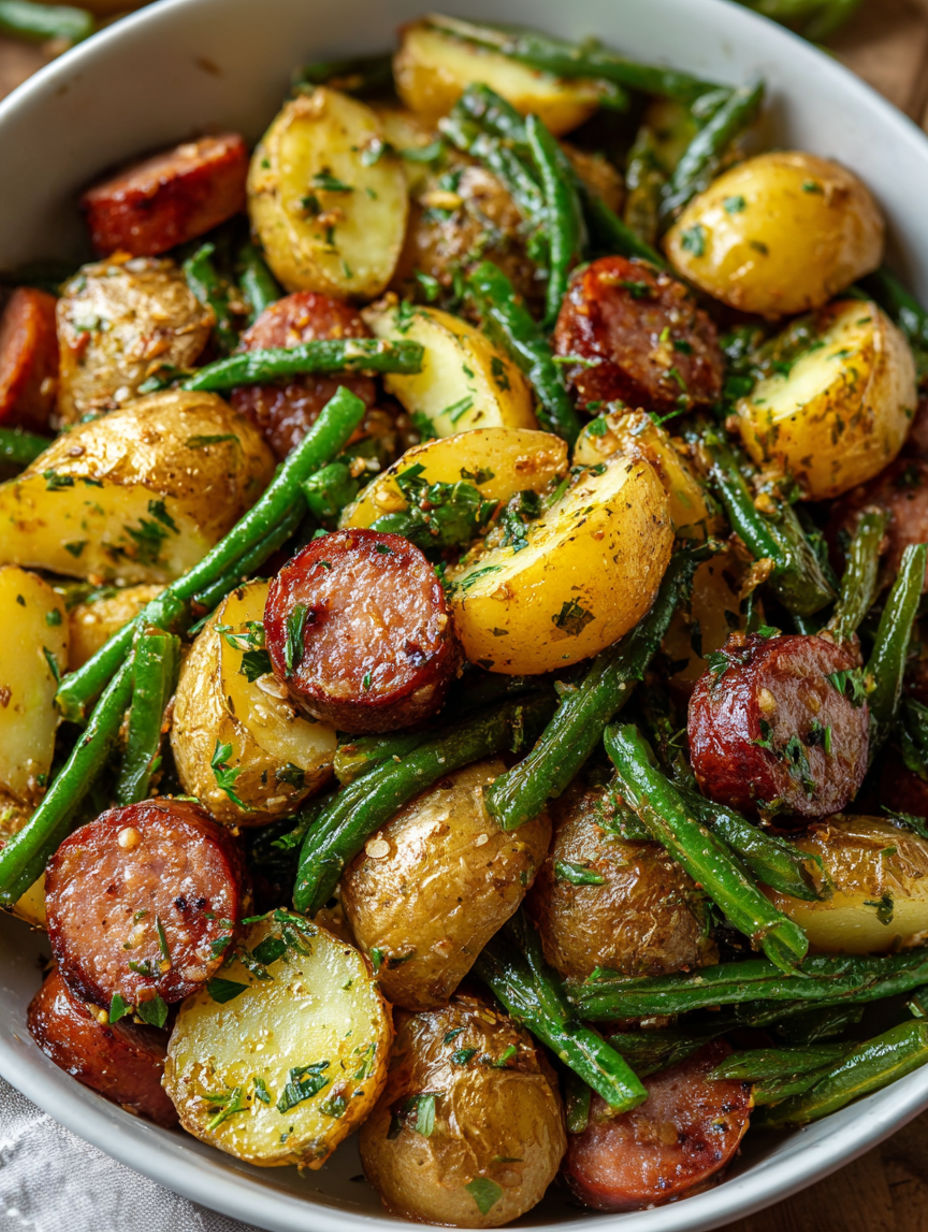 A bowl of food with potatoes, green beans, and sausage.