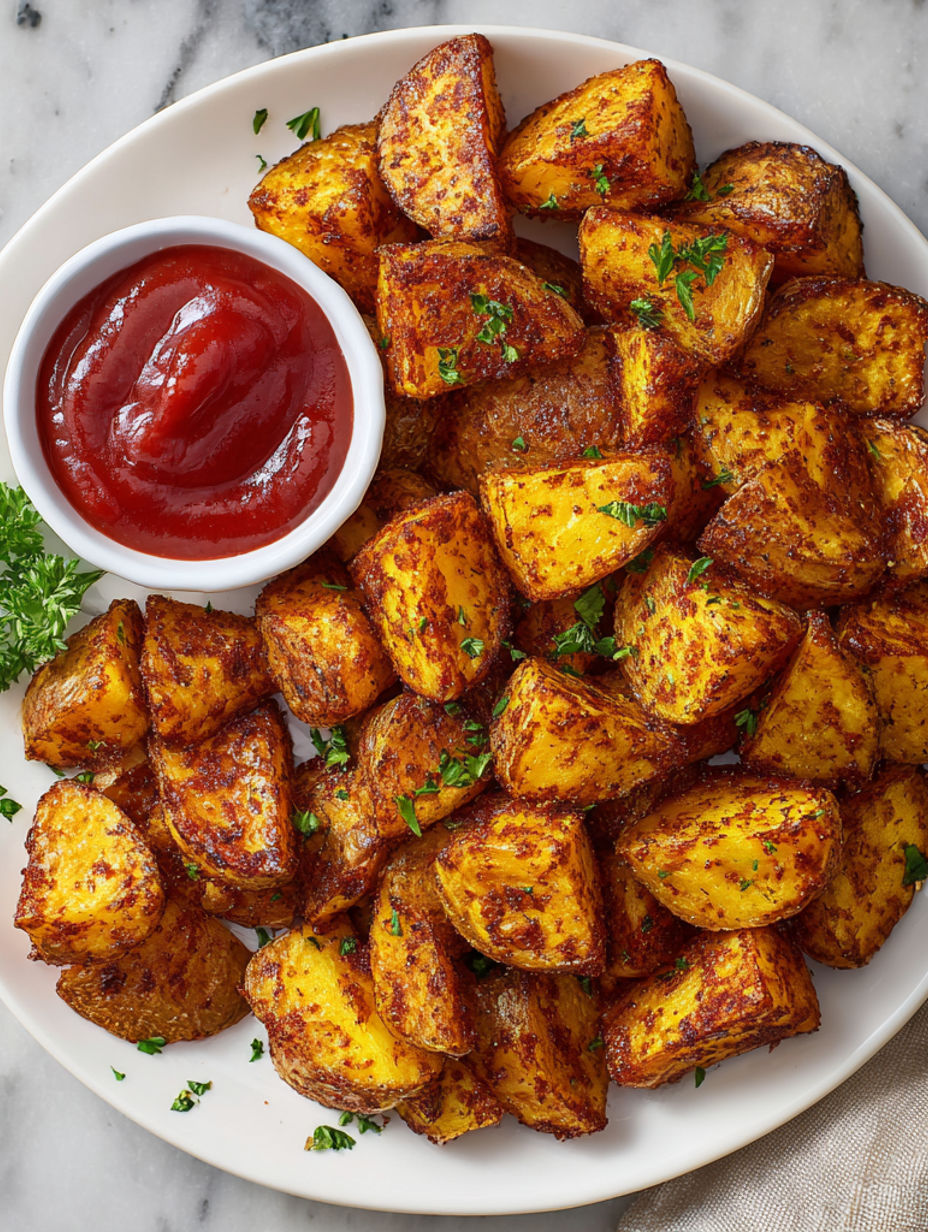 A plate of fried potatoes with a ketchup dipping sauce.
