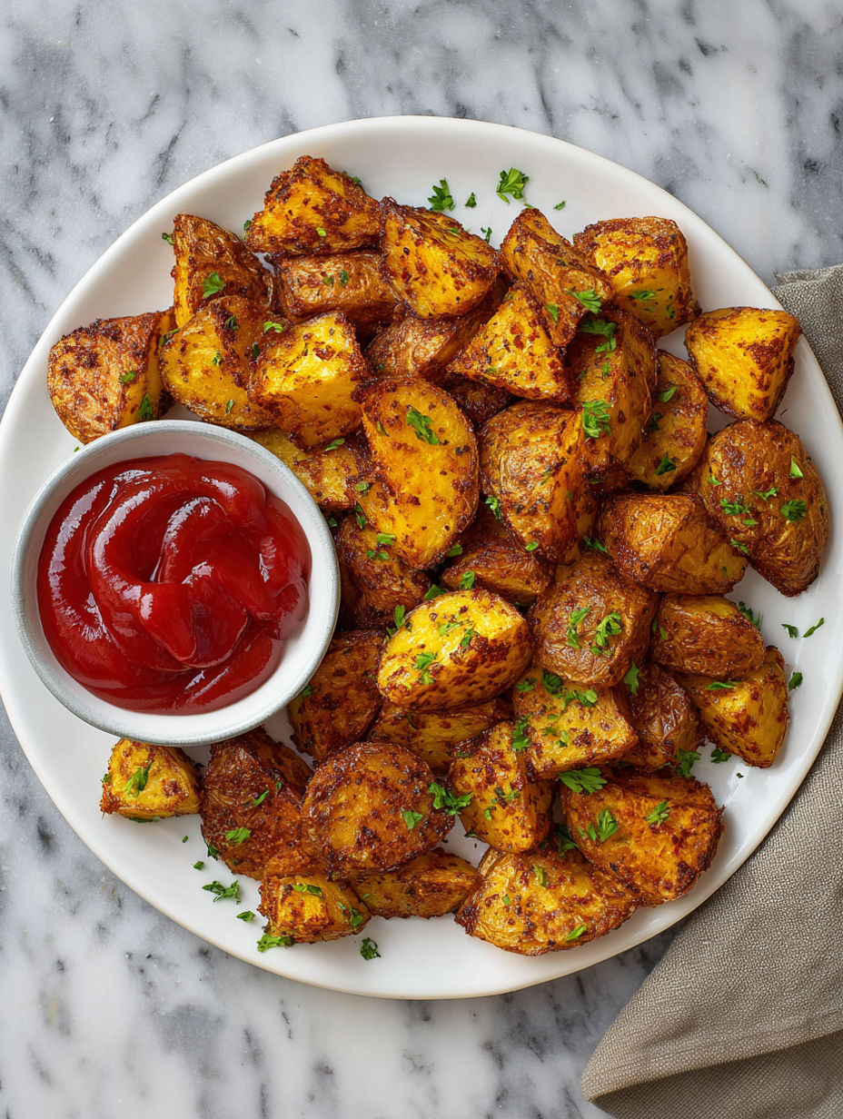 A plate of fried potatoes with ketchup.
