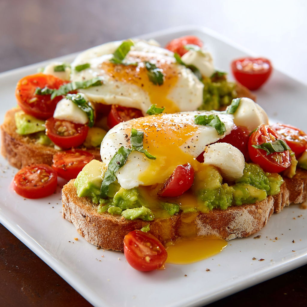 A plate of Caprese toast with tomatoes and eggs.