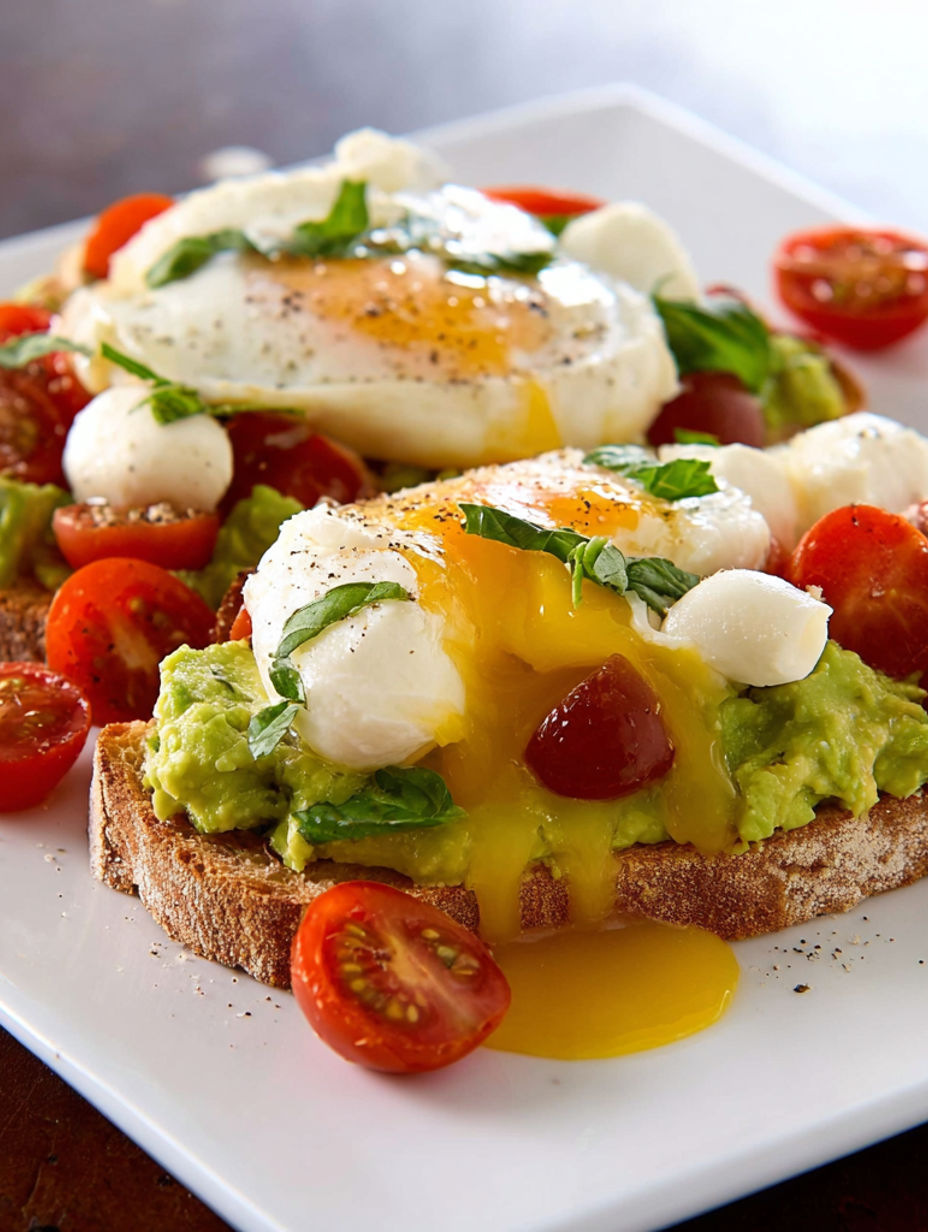 A breakfast plate with eggs, tomatoes, and avocado.