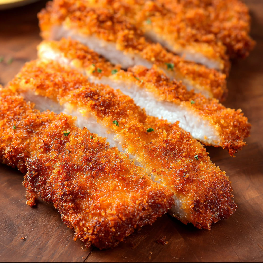 Crispy chicken katsu on a wooden table.