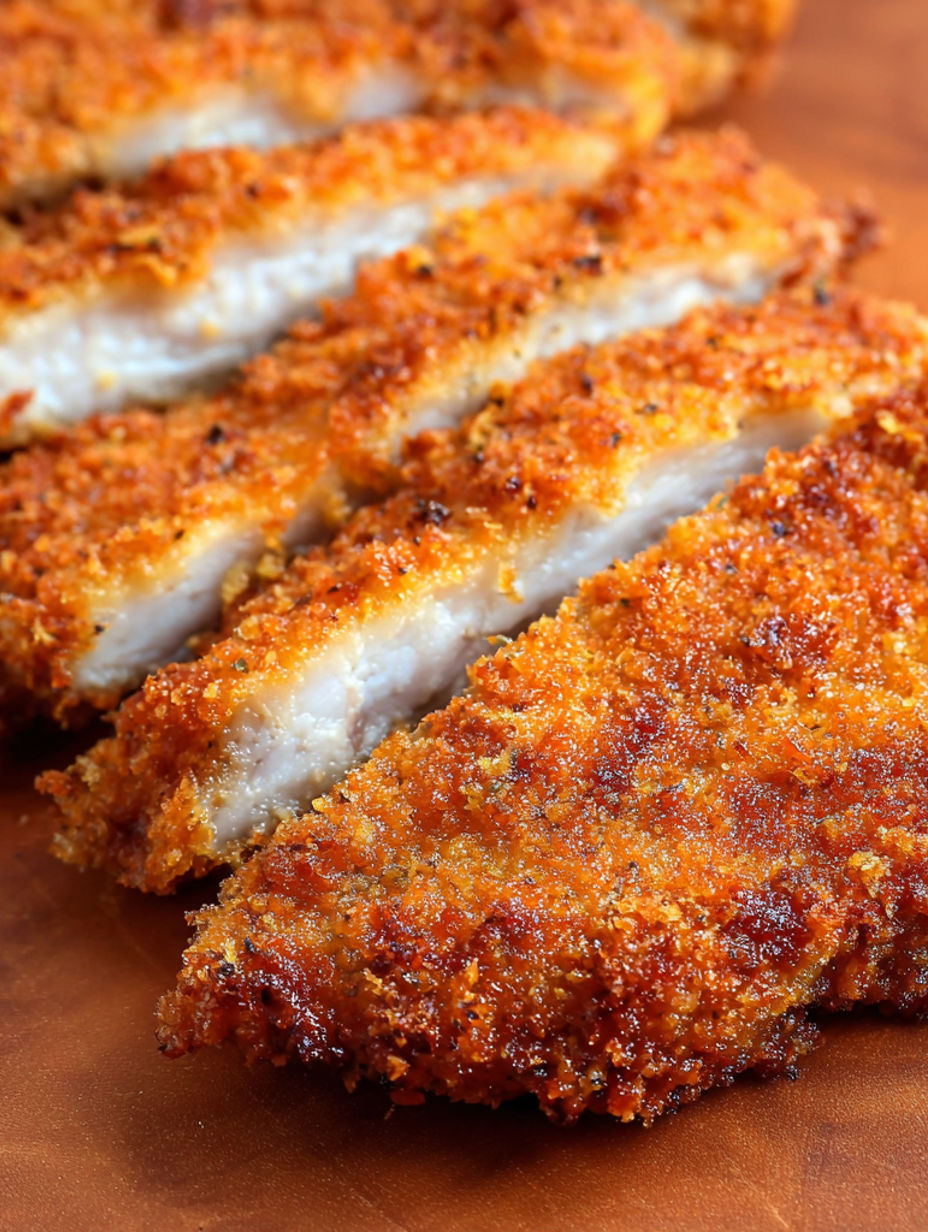 Crispy chicken katsu on a wooden table.