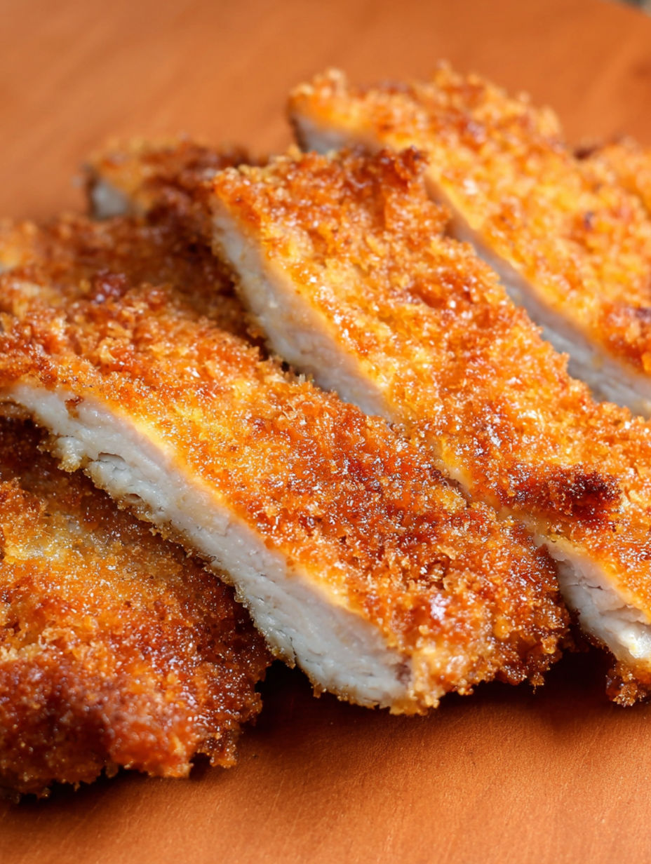 Crispy chicken katsu on a wooden table.