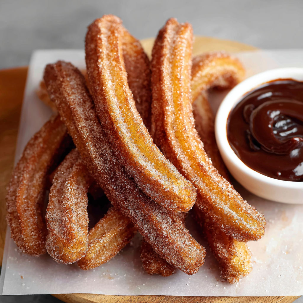 A plate of churros with a bowl of chocolate sauce.