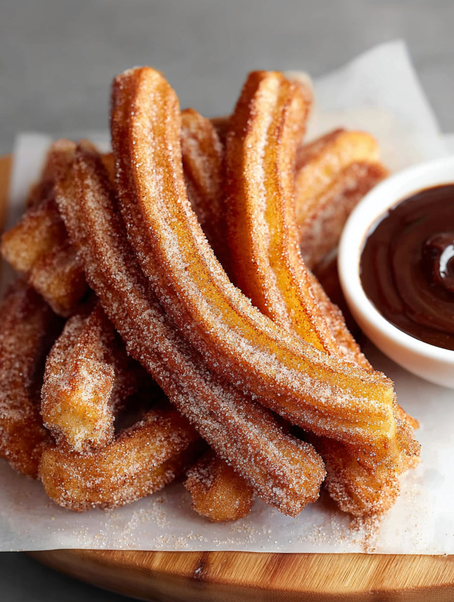 A bowl of chocolate sauce next to a plate of churros.
