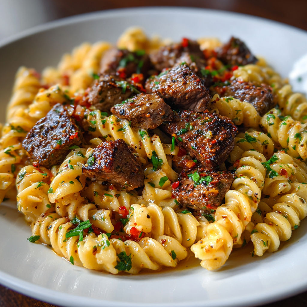 A plate of garlic butter steak and pasta.
