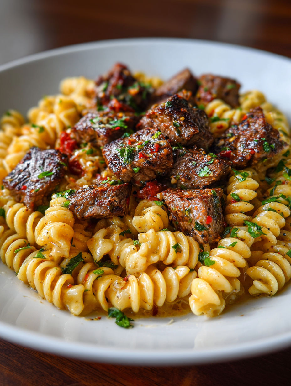 A plate of garlic butter steak and pasta.