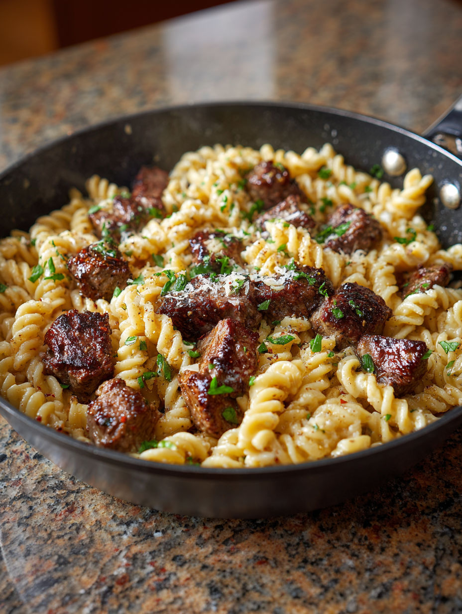 A pan of garlic butter steak and pasta.
