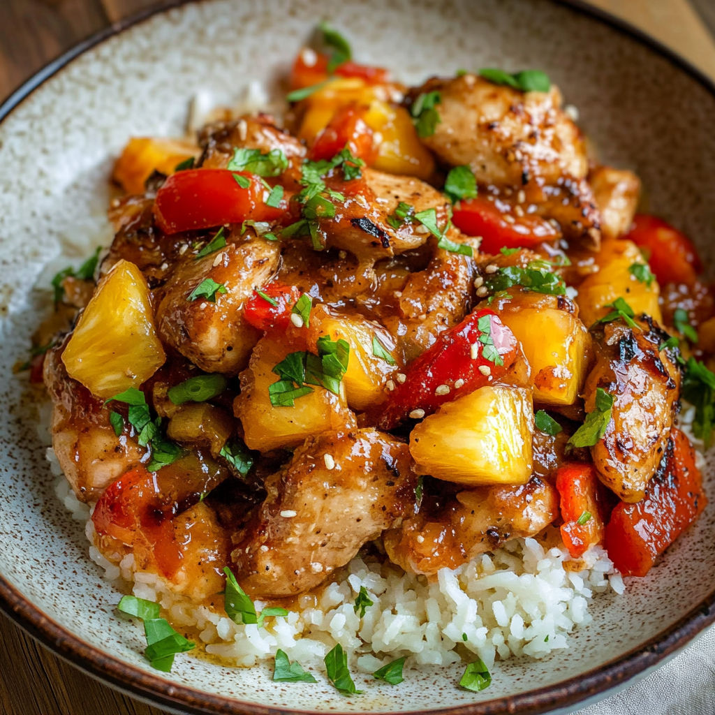 A bowl of slow cooker Hawaiian chicken.