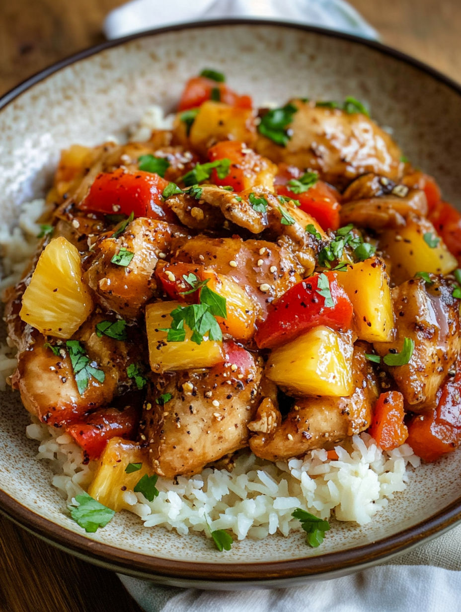A plate of slow cooker Hawaiian chicken.