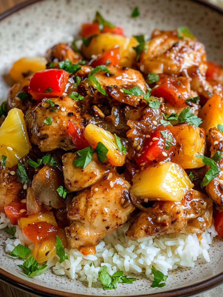 A dish of slow cooker Hawaiian chicken.