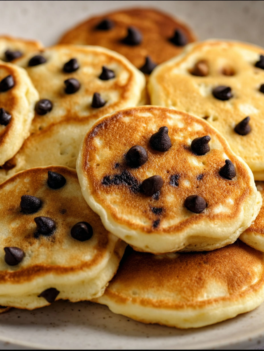A stack of chocolate chip protein pancakes.