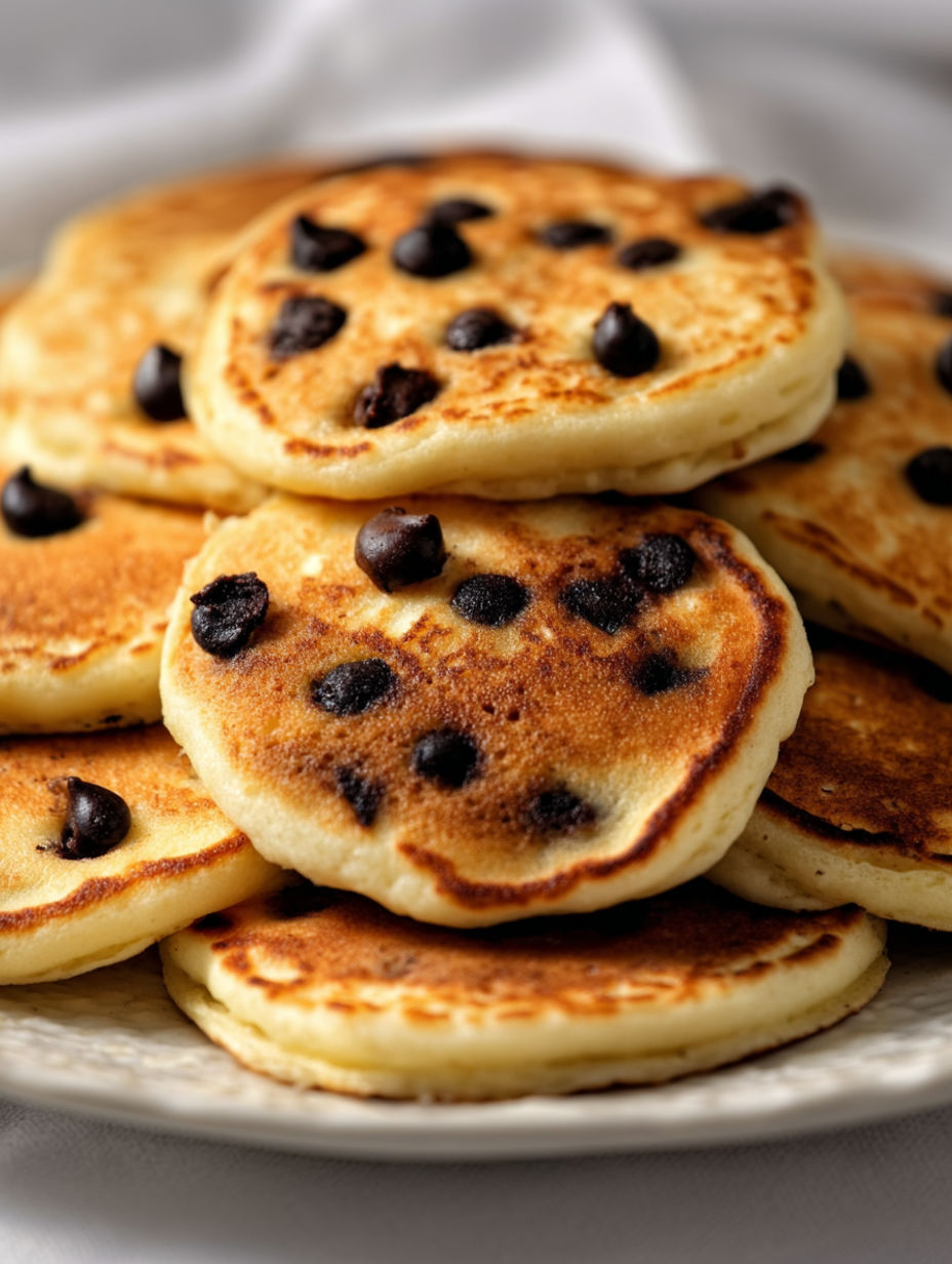 A stack of chocolate chip protein pancakes.
