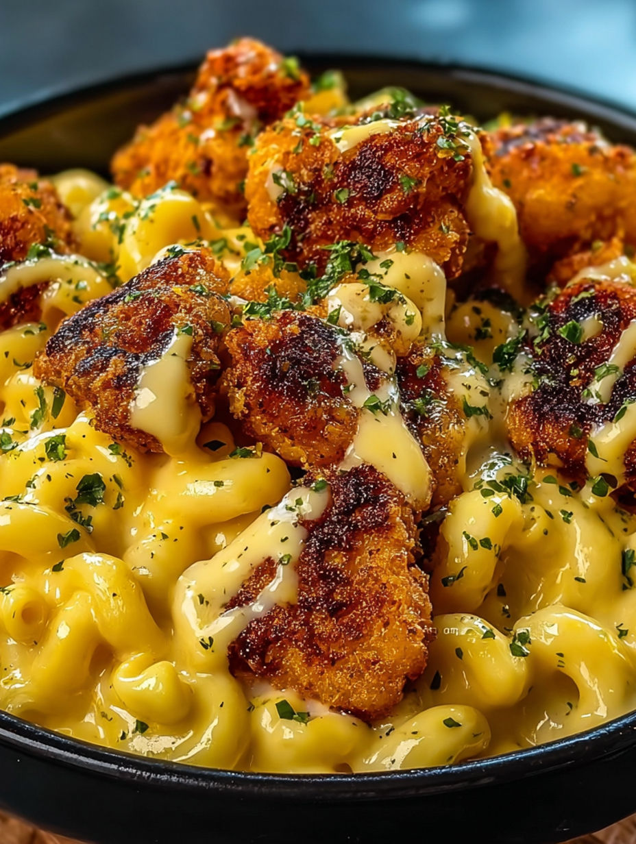 A close up of a delicious honey pepper chicken mac and cheese.