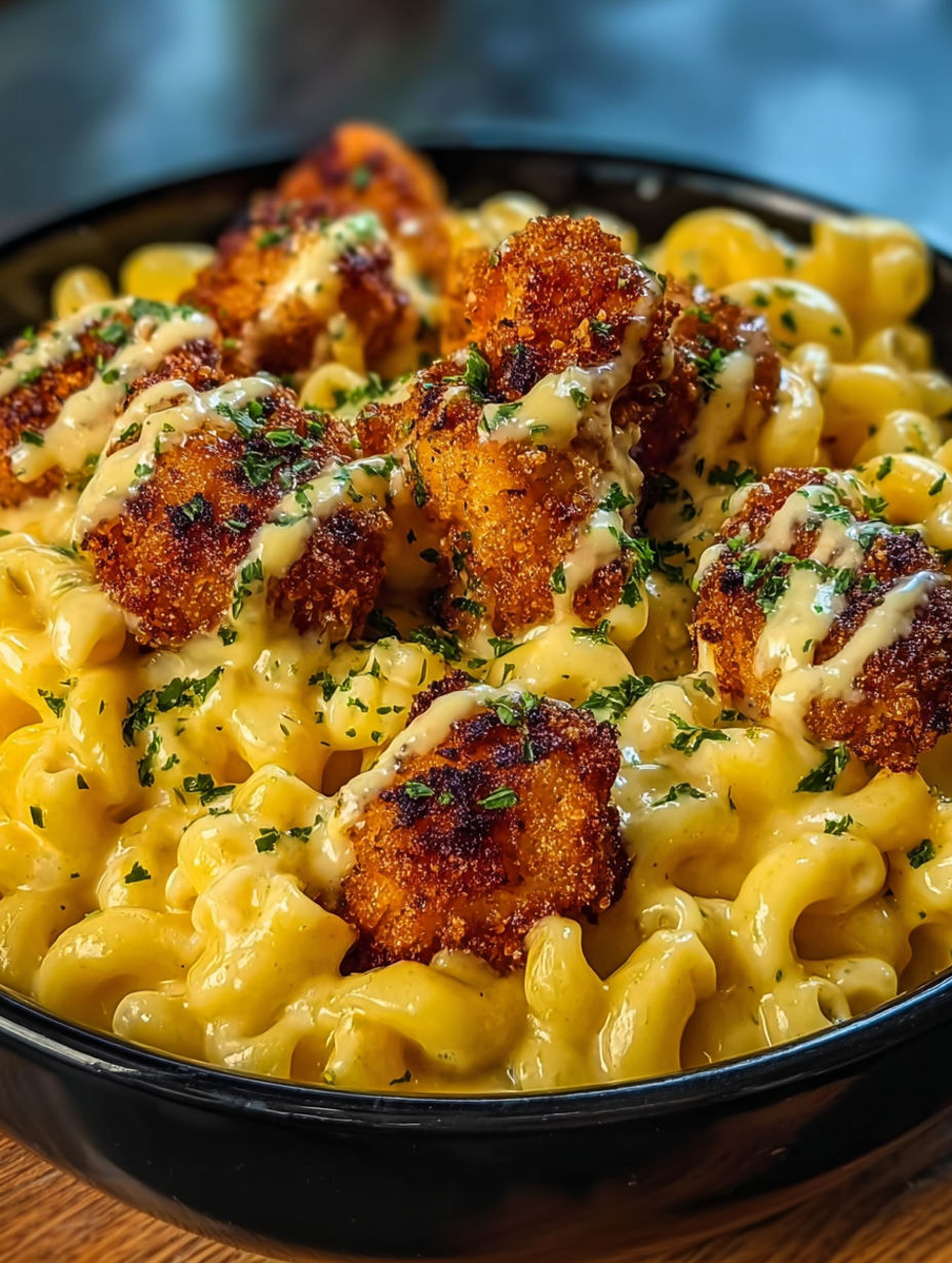 A bowl of mac and cheese with chicken and honey pepper sauce.