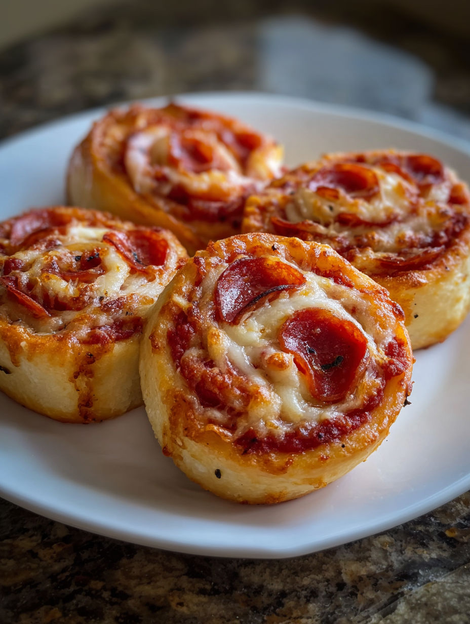 Three pizza pinwheels on a plate.