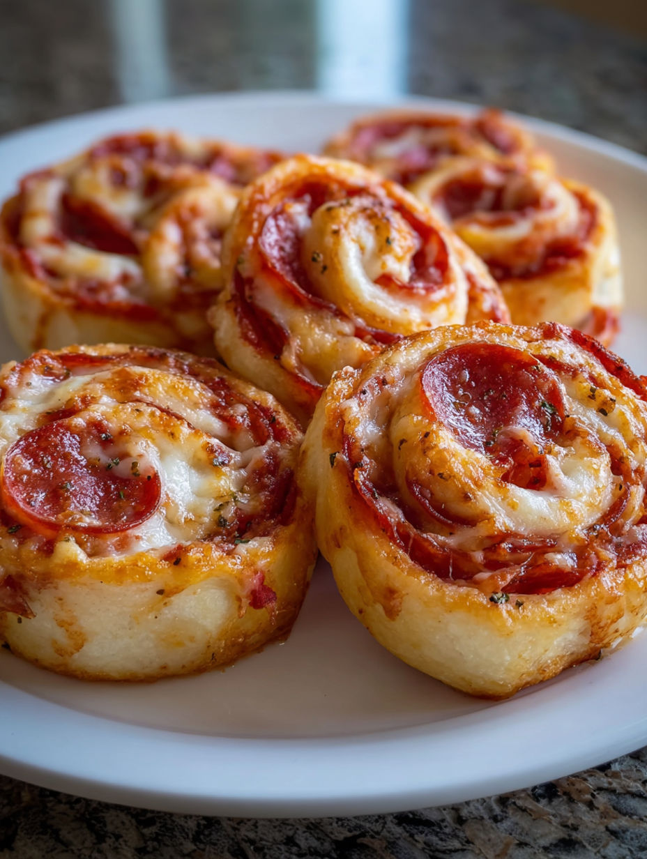 Four pizza pinwheels on a plate.